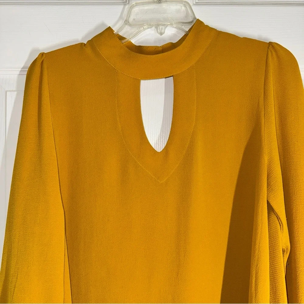 JODIFL Golden Mustard Yellow Double Keyhole Long Sleeve Blouse Wrist Ruffles